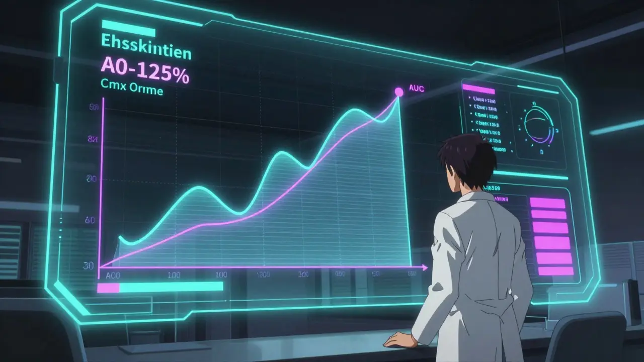Scientist analyzing holographic data graphs for drug bioequivalence results.