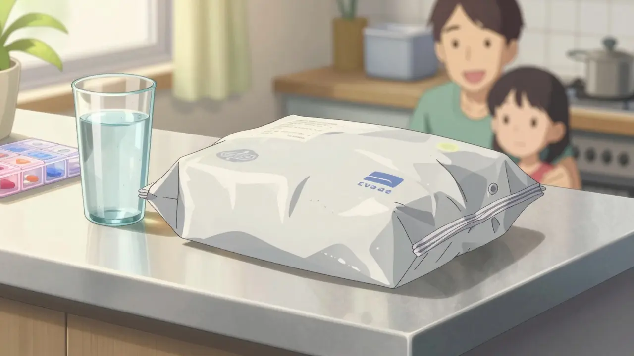 Sealed medication package on kitchen counter