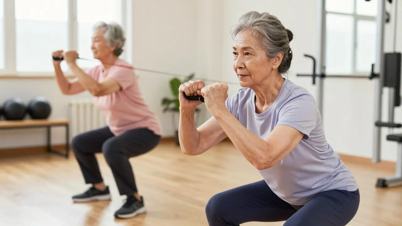 Senior woman doing chair squats in a bright gym, showing strength training benefits.