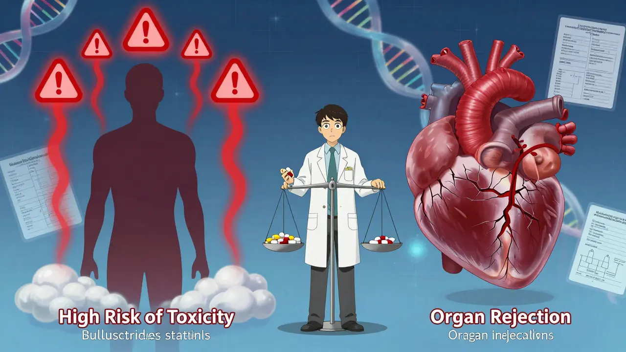 Split screen showing drug toxicity and organ rejection risks