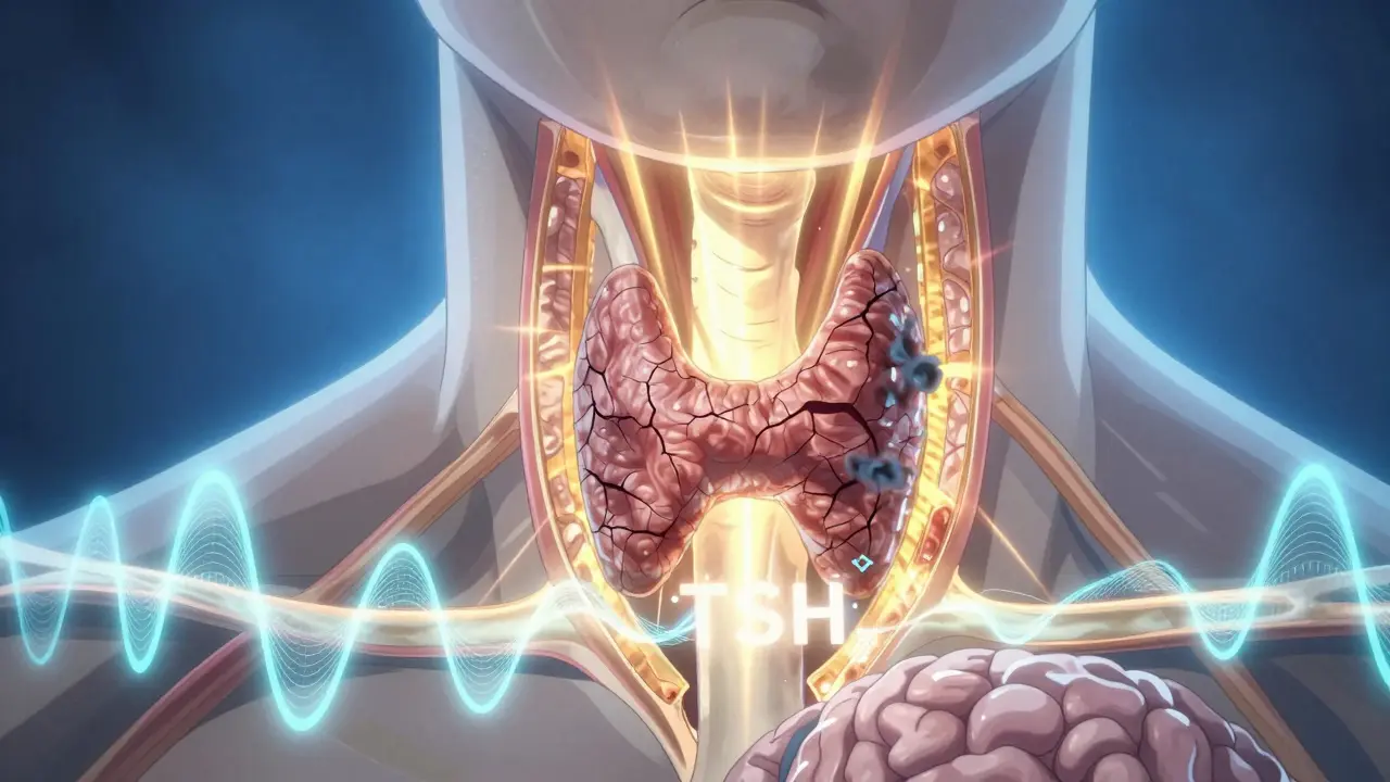 Stylized anime illustration of thyroid gland under autoimmune attack