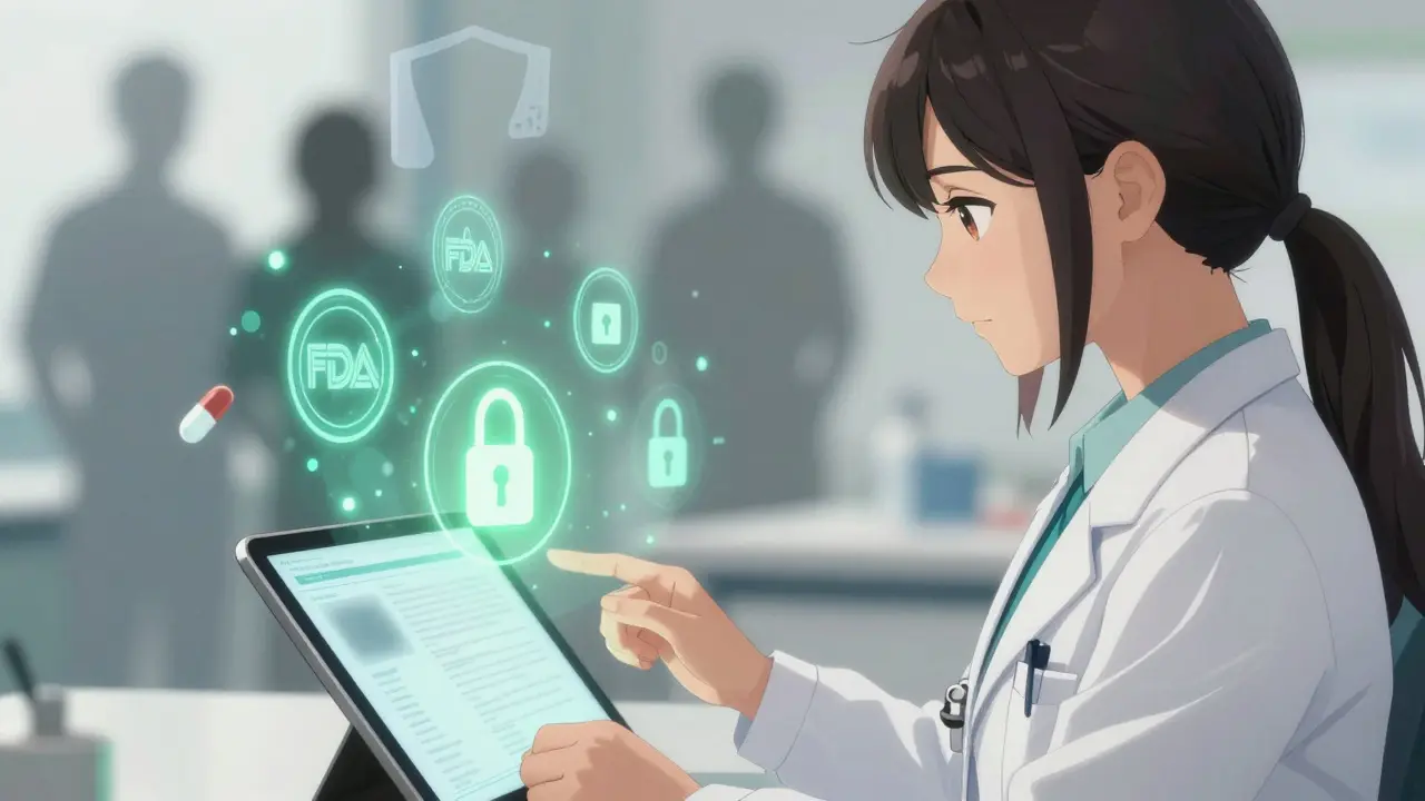 Anime doctor verifying safe online prescription with security icons