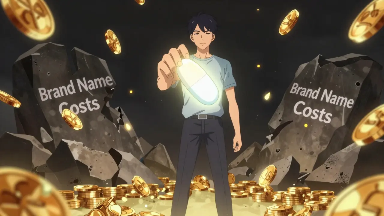 Anime man holding generic pill amidst falling gold coins
