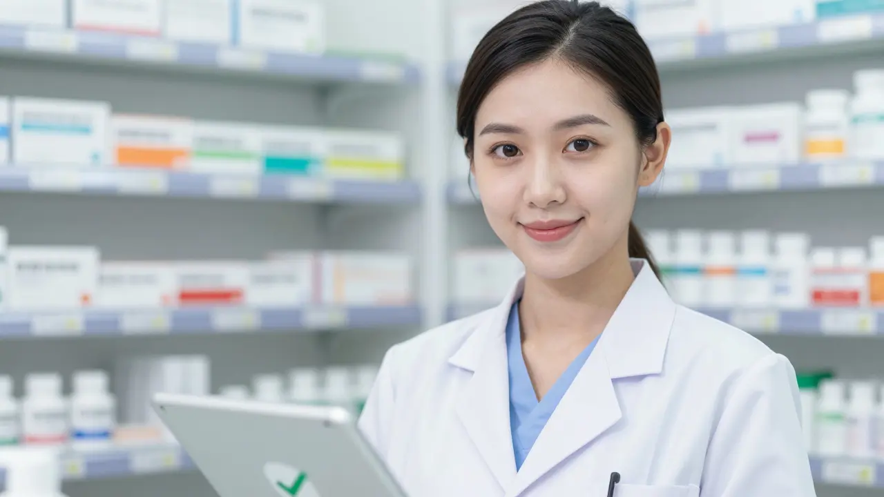 Anime pharmacist holding tablet with safety check