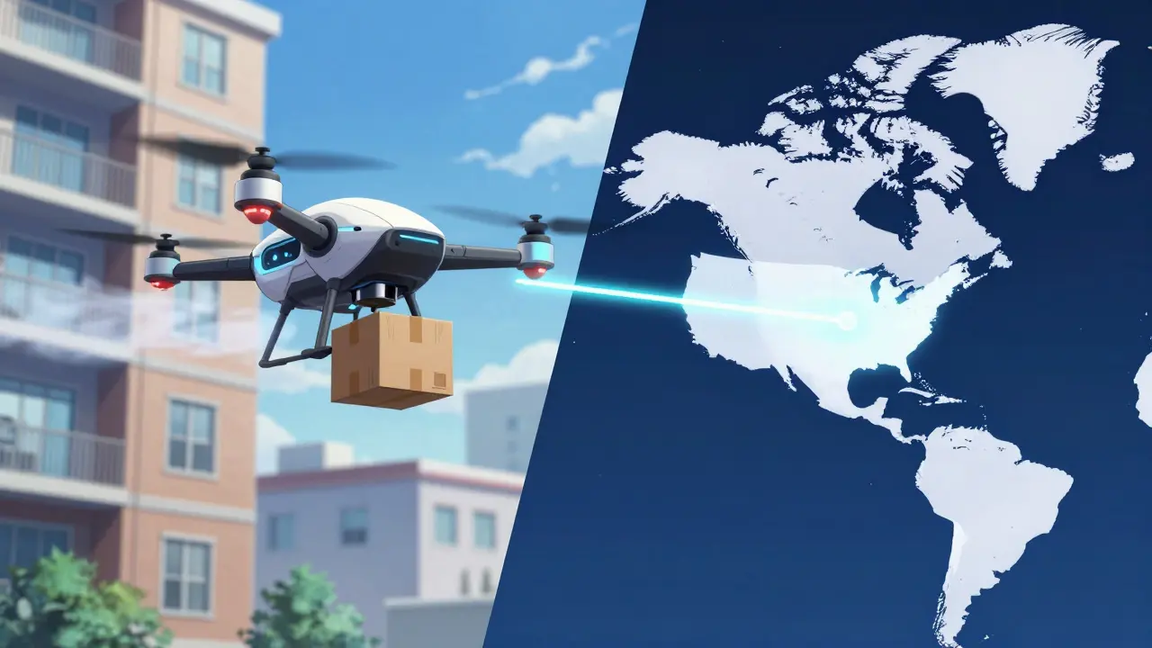 Anime style illustration of delivery drones and map