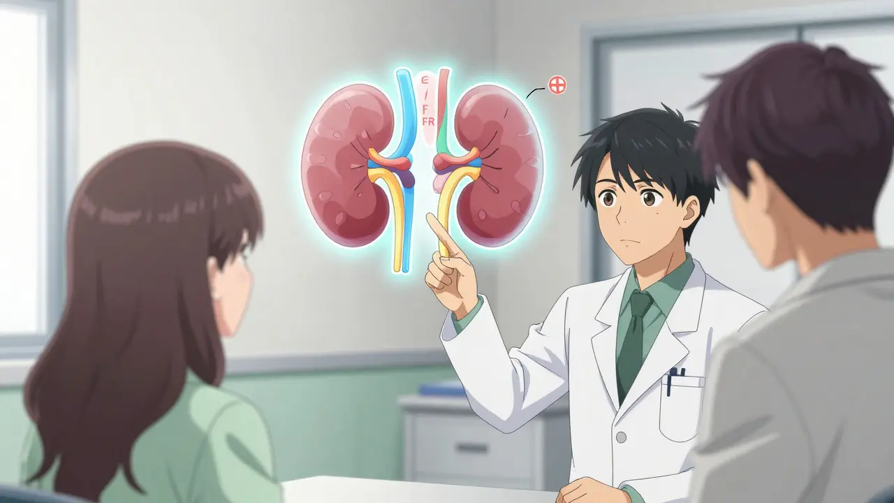 Doctor explaining kidney function and Metformin safety to patient in clinic