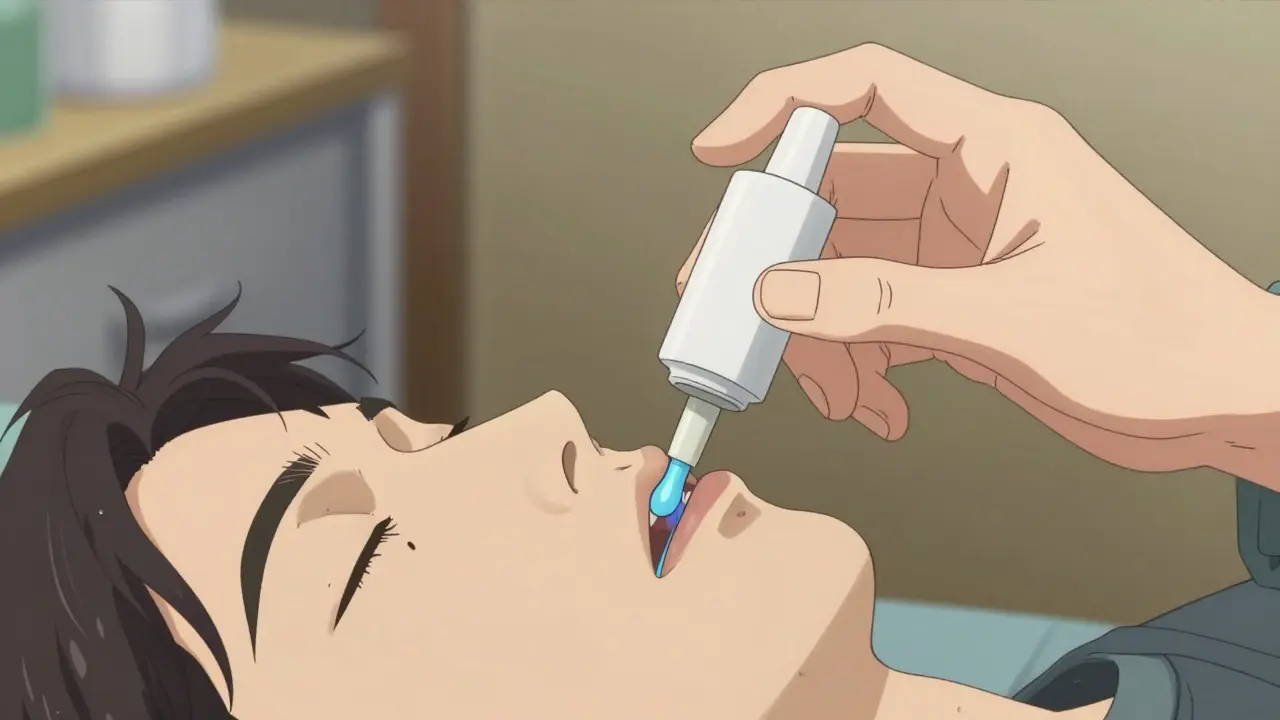 Hands administering naloxone nasal spray to patient