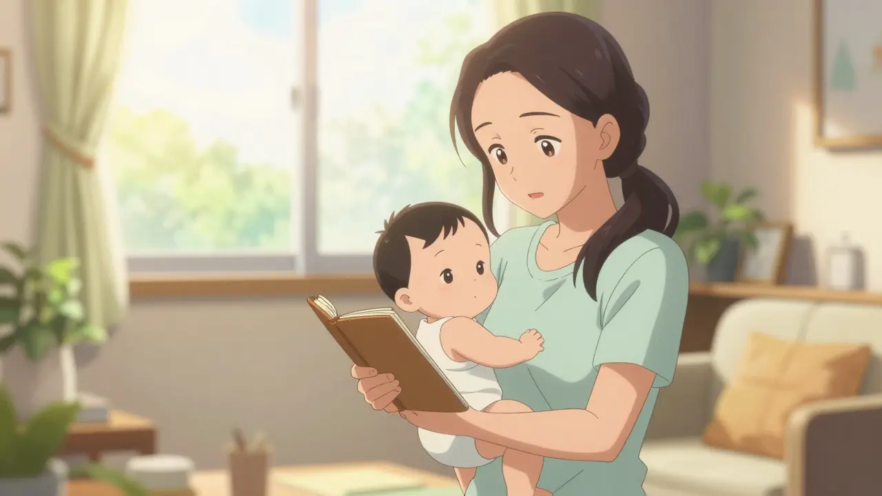 Healthy anime mother in sunny room, symbolizing postpartum thyroiditis recovery.
