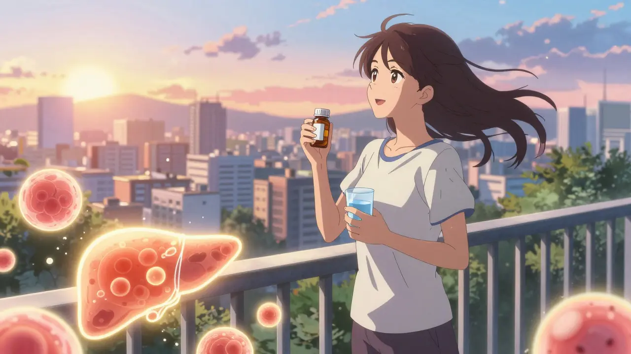 Hopeful anime scene of patient managing autoimmune hepatitis treatment