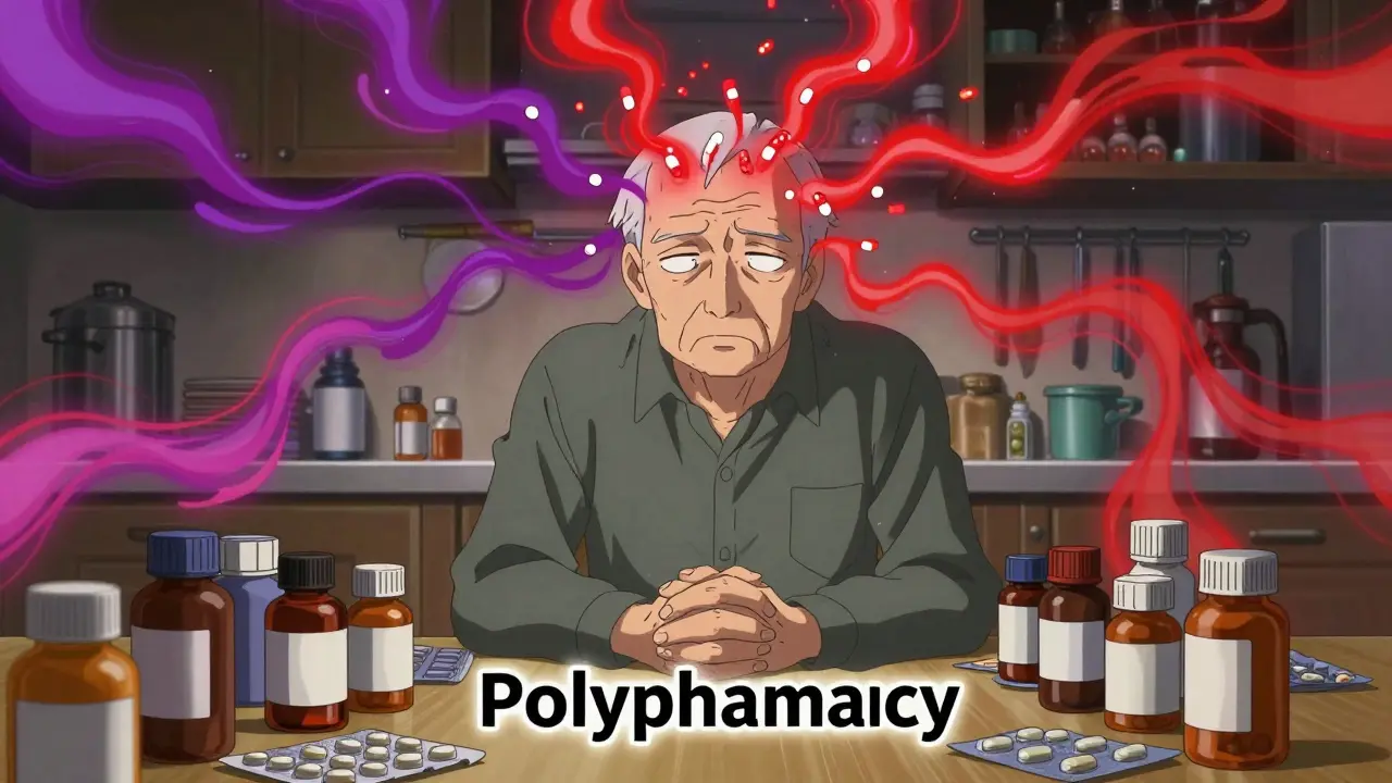 Man overwhelmed by multiple medications, visualized as chaotic energy streams affecting his mind.