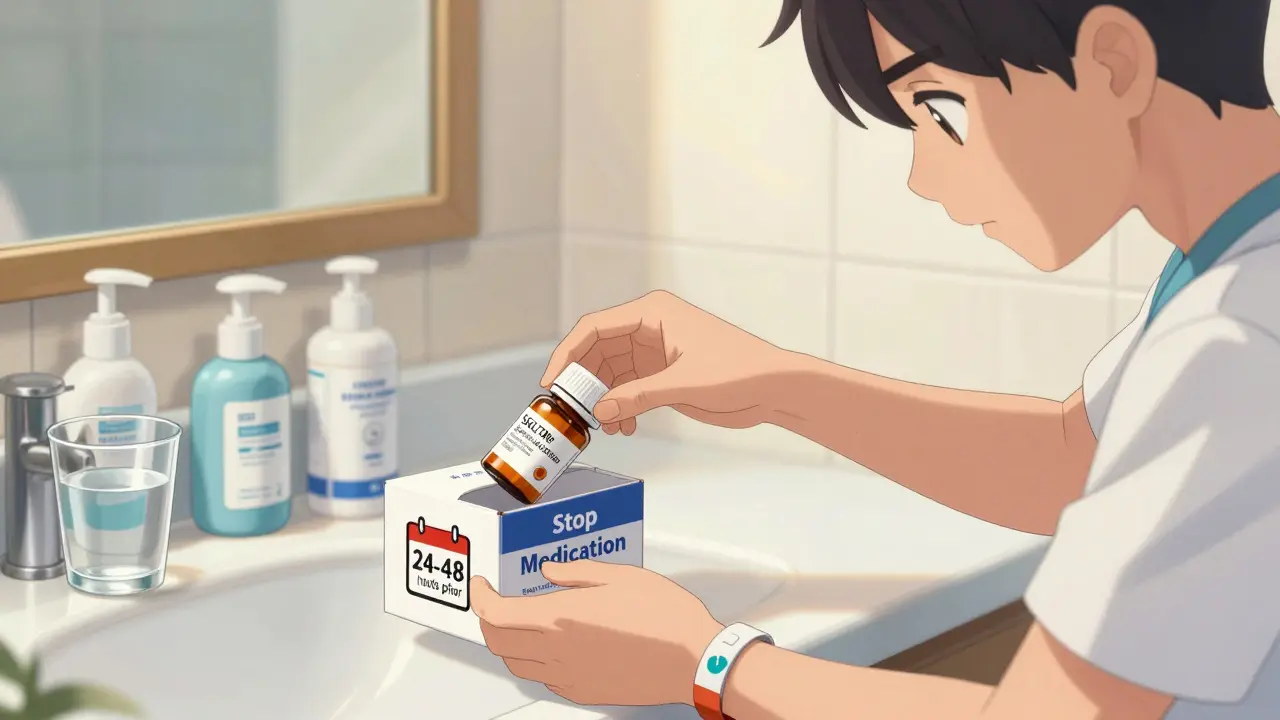 Person pausing diabetes medication before surgery with hygiene supplies
