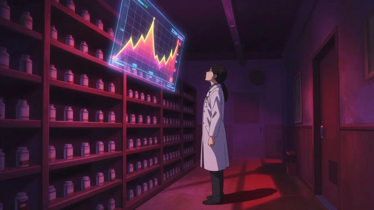 Pharmacist facing empty shelves amid price spike graphics