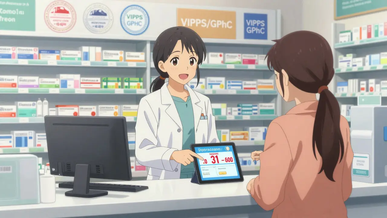 Pharmacist helping customer with discount coupon