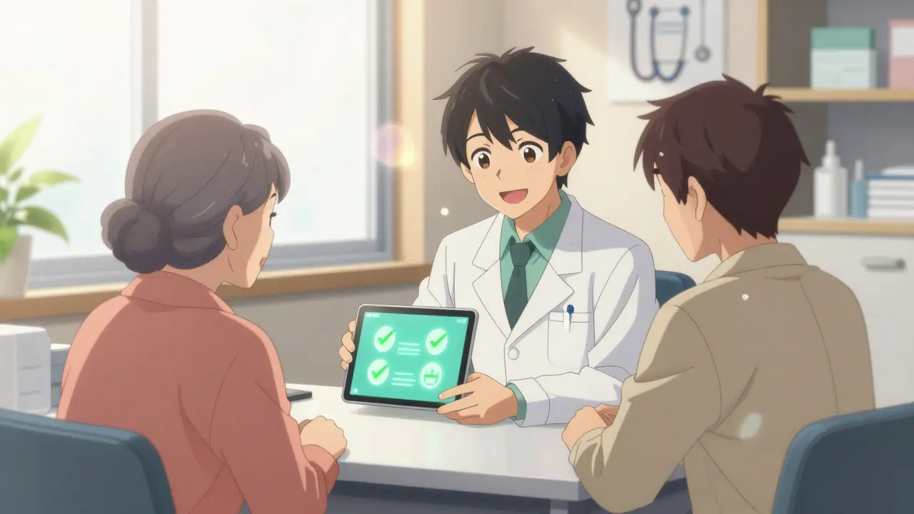 Pharmacist reviewing meds with a senior patient in a bright, hopeful setting, anime style.