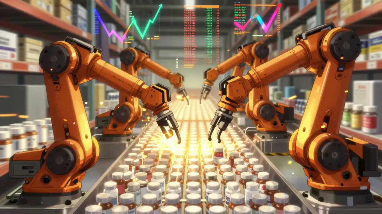 Robotic arms sorting generic drugs in a high-speed facility