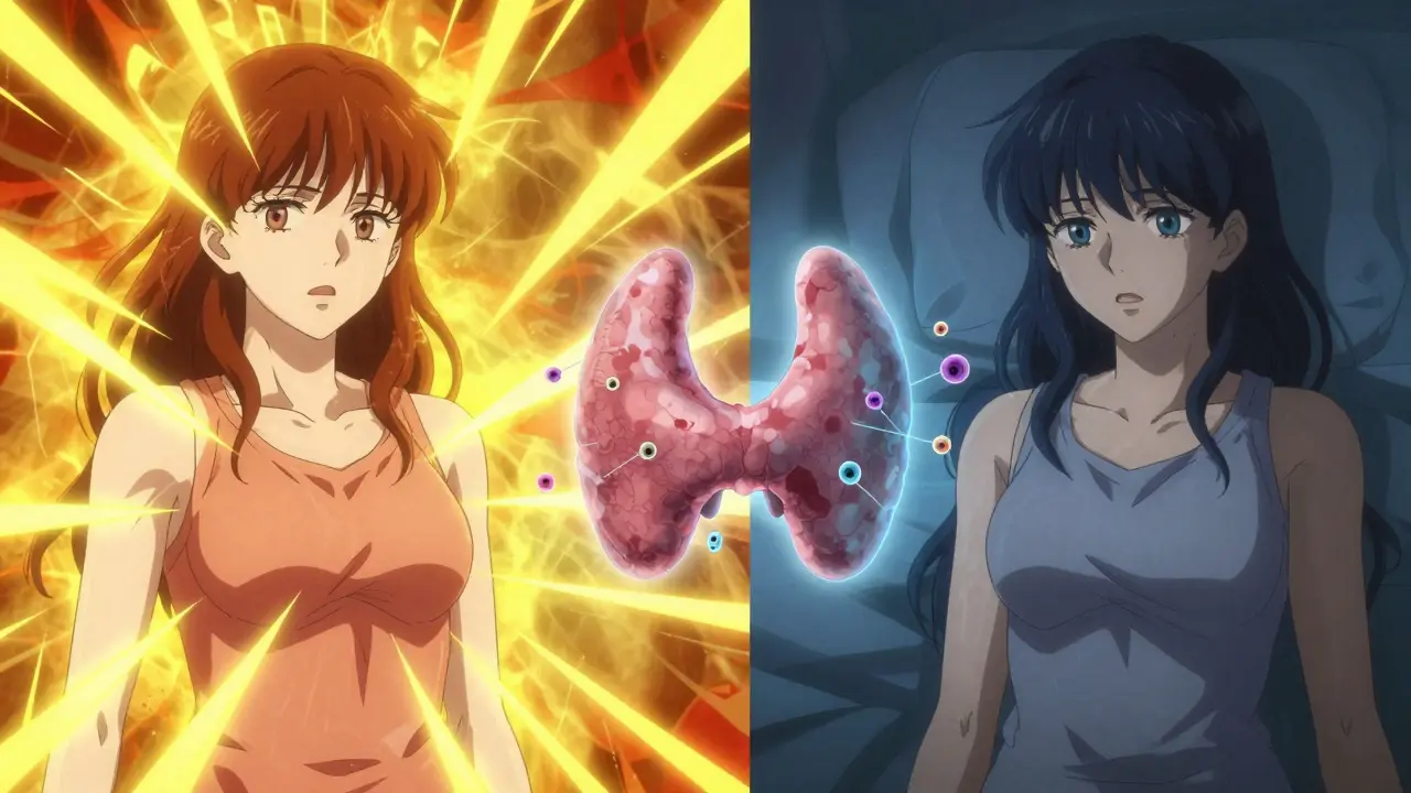 Split anime illustration showing hyperthyroid and hypothyroid phases attacking thyroid.