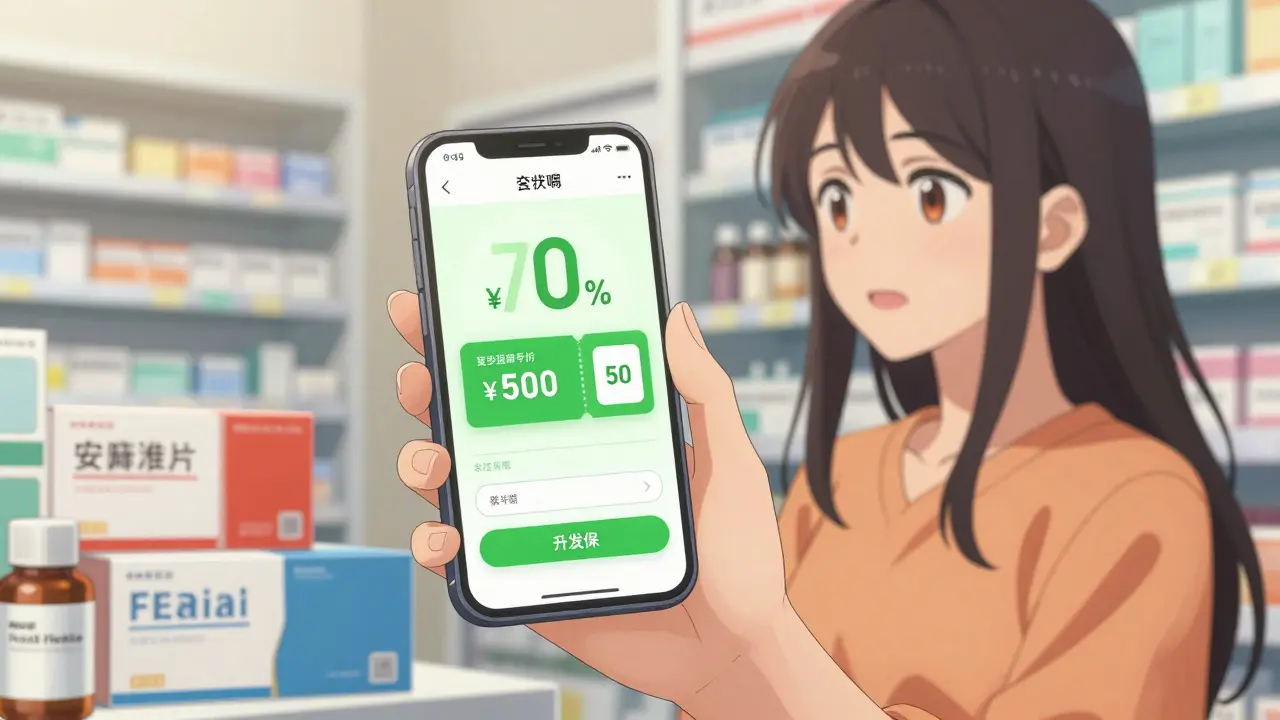 Woman using smartphone coupon to save money on medication