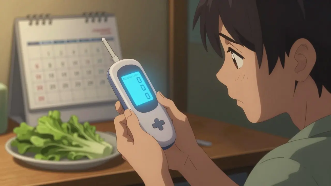 Anime character checking an INR monitor at home with healthy food nearby.
