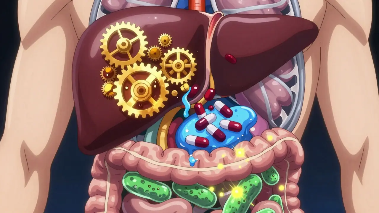 Anime illustration of liver enzymes and gut bacteria interacting with medication.