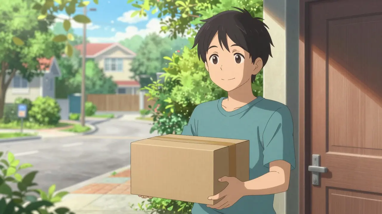 Anime person happily receiving medication package at home