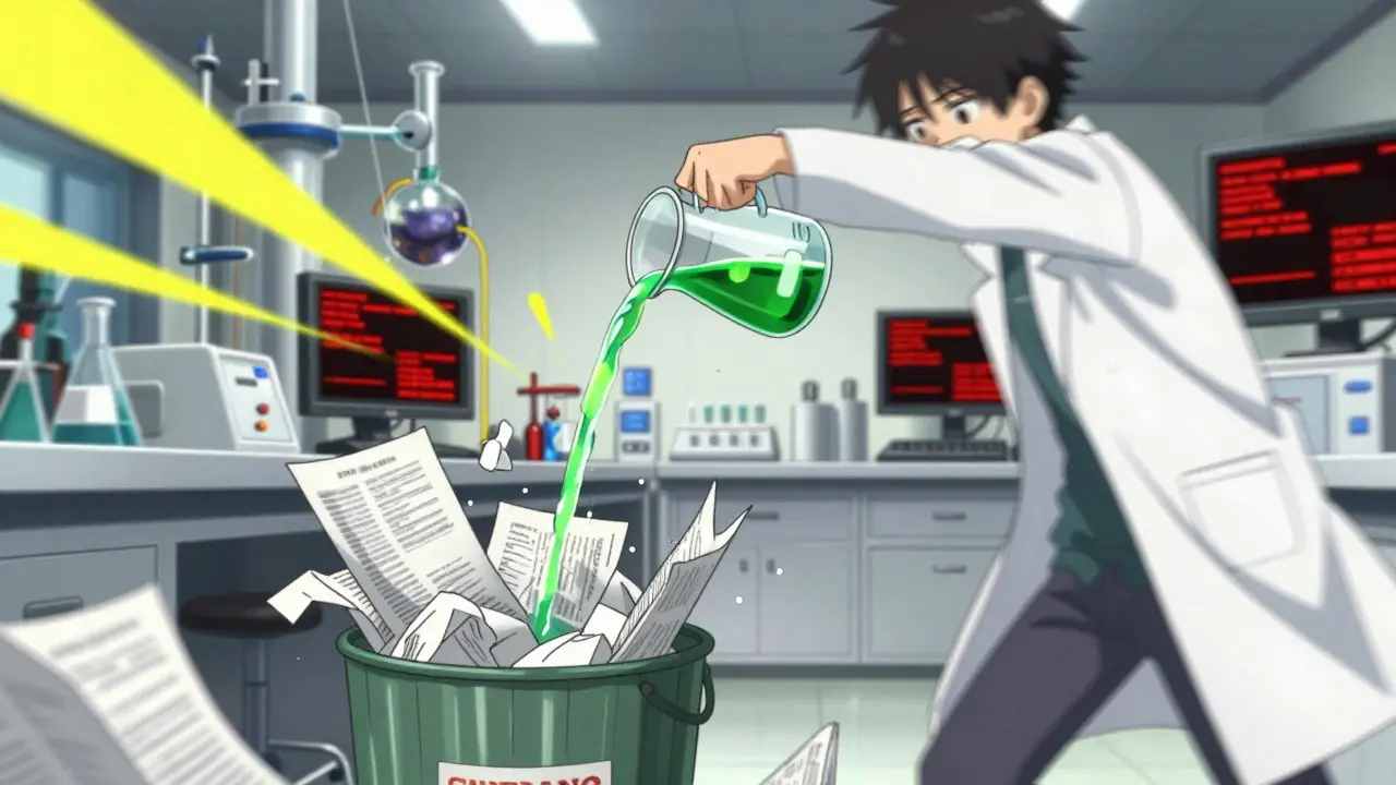 Anime scene of a lab worker destroying documents with acid in a trash can