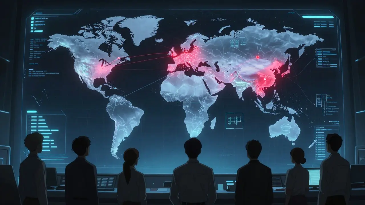 Anime style holographic globe showing drug supply chains and warning alerts