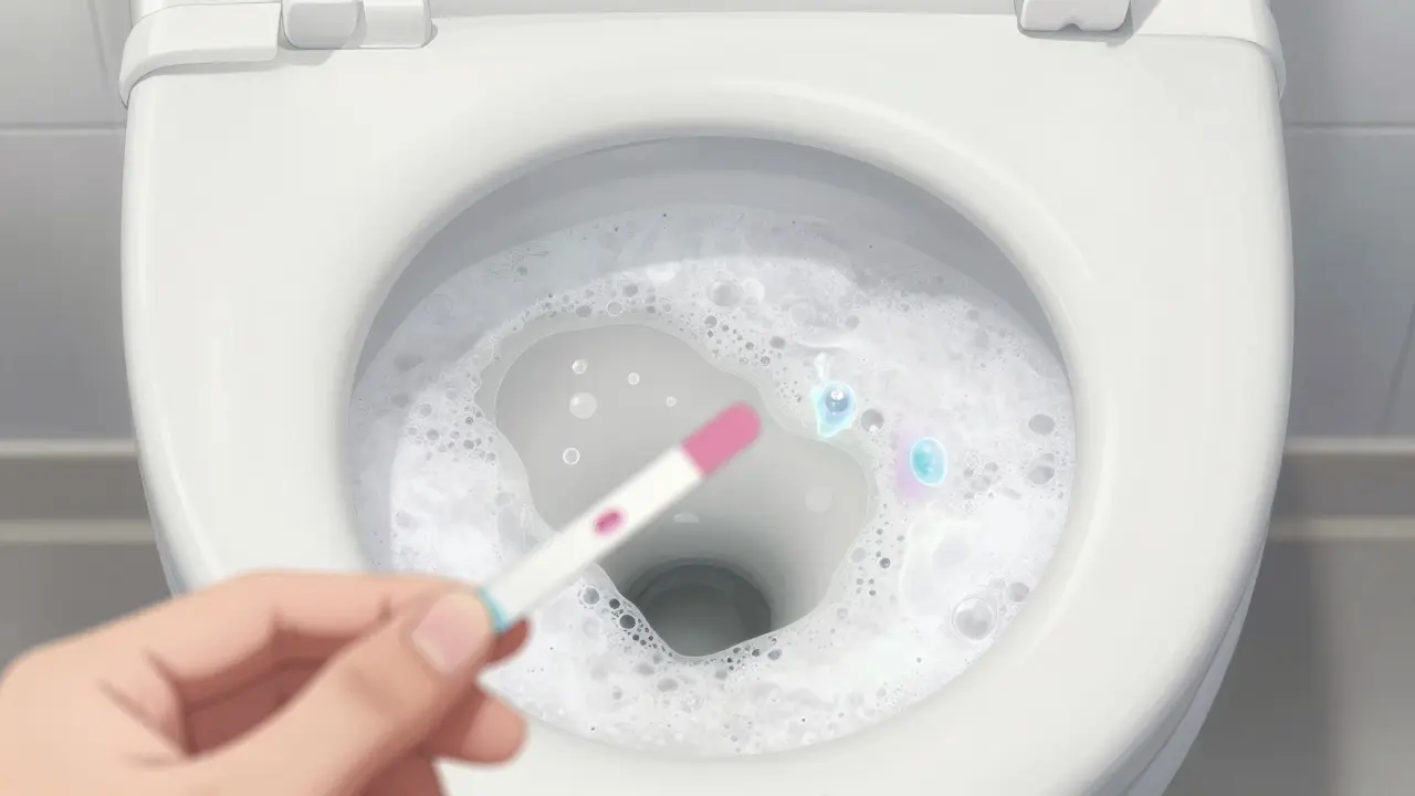 Close-up of foamy urine in toilet bowl with protein bubbles