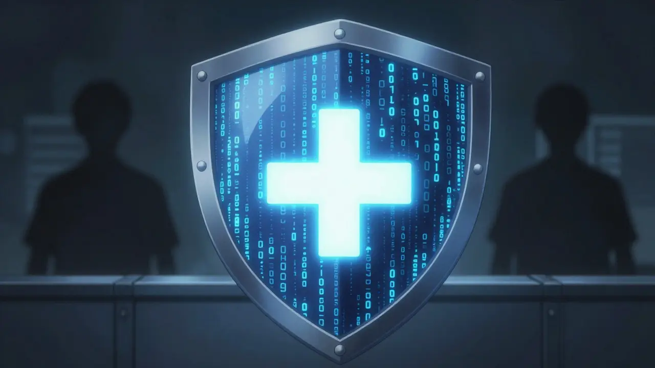 Digital shield protecting medical symbol from unsafe online threats