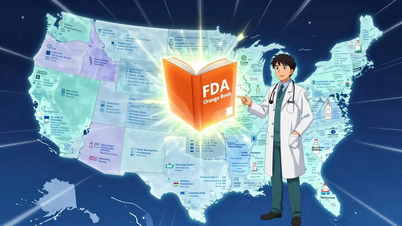 Doctor and pharmacist collaborating across a map of US state pharmacy laws