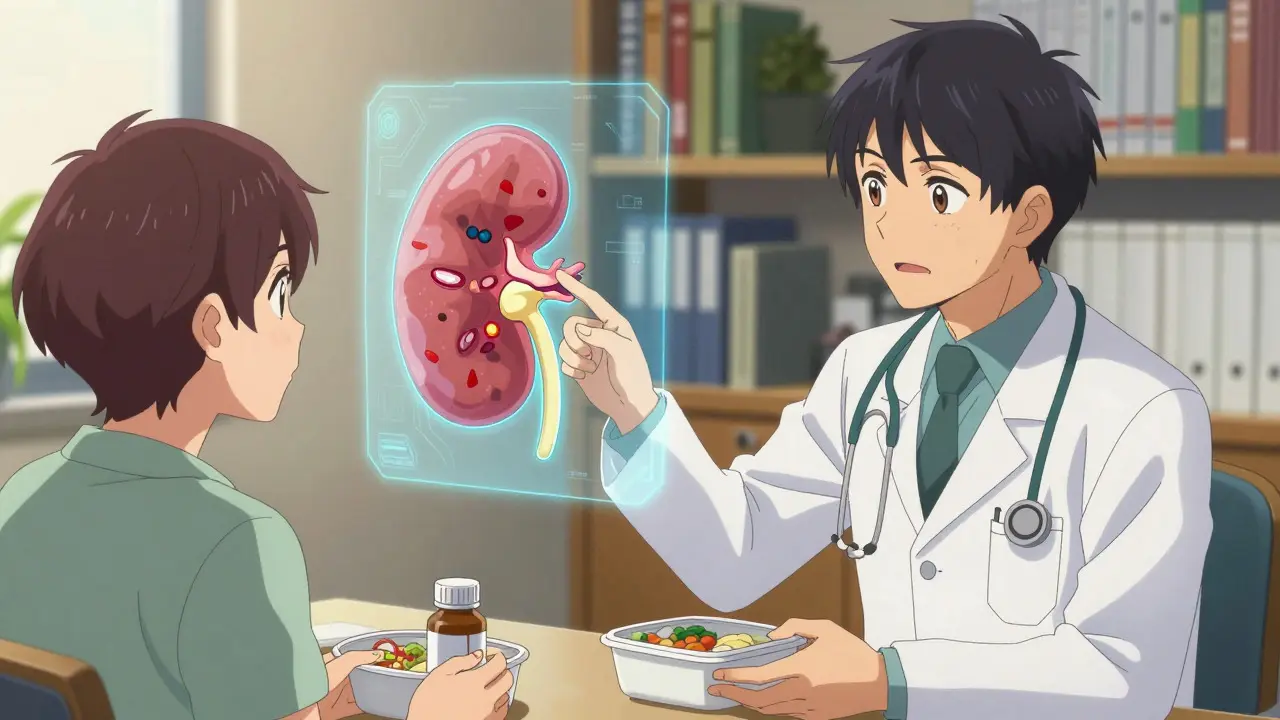 Doctor explaining kidney damage diagram to patient in clinic