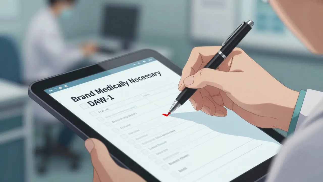 Doctor marking DAW-1 code on prescription to mandate brand name medication