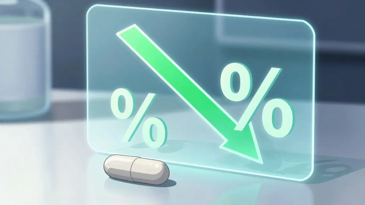 Generic antibiotic pill with holographic graphic showing price reduction