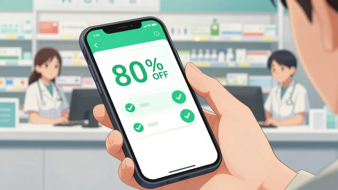 Hand holding phone with digital discount coupon for medication savings