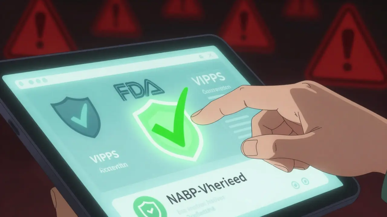 Hand selecting verified safe pharmacy options on digital screen with green shields.