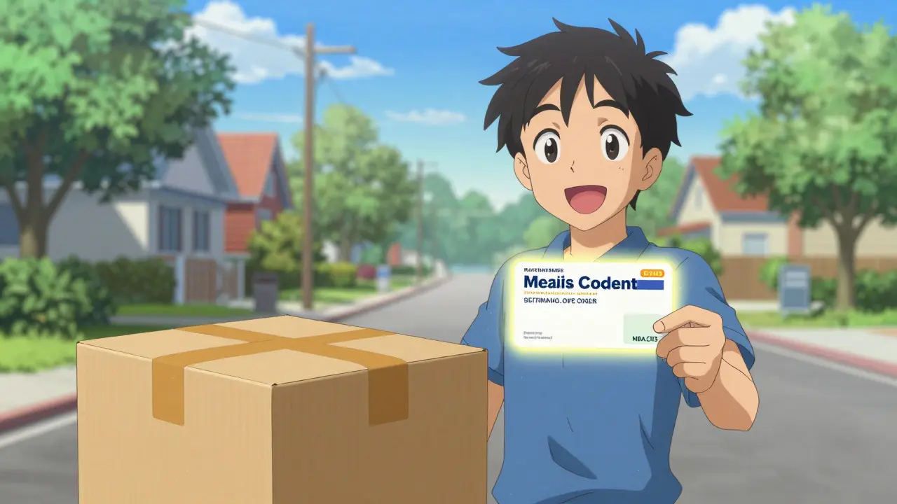 Happy person receiving medication delivery box with glowing discount card nearby.