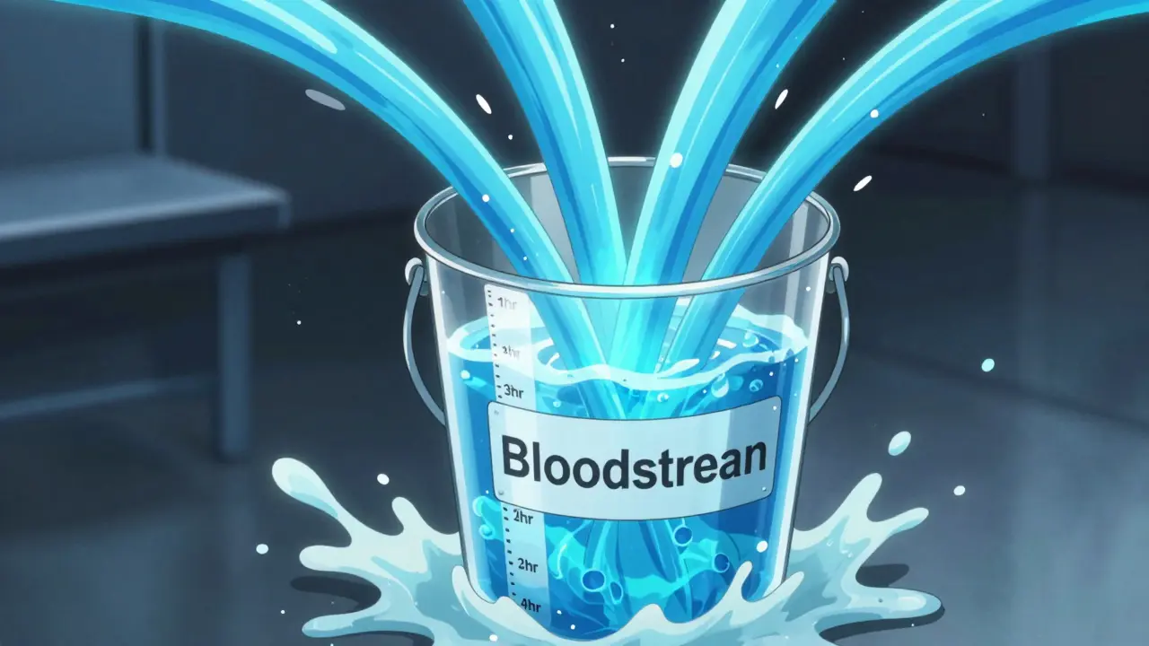 Metaphorical bucket overflowing with blue liquid representing insulin stacking