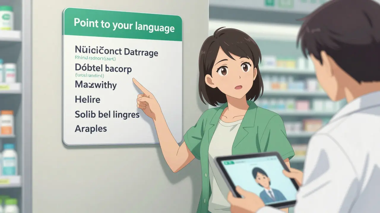 Patient using multilingual sign to request language assistance