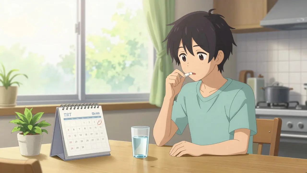 Person taking generic thyroid medication in a peaceful home setting