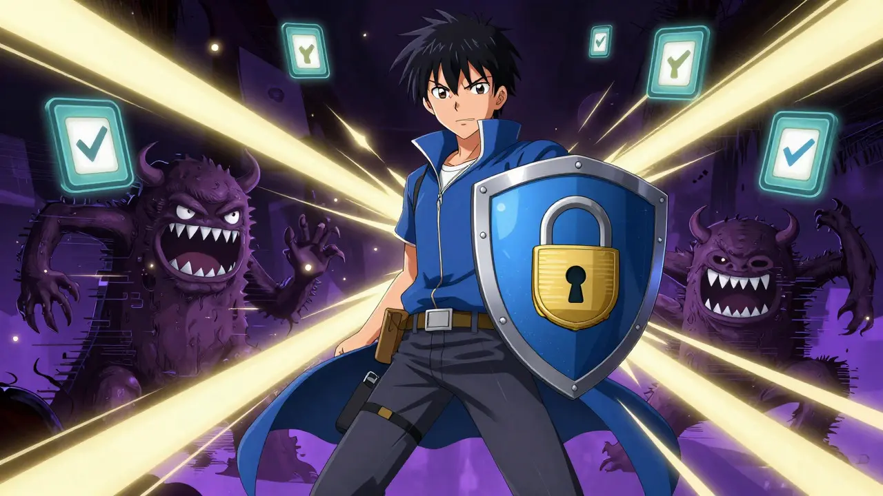 Anime hero protecting against fake pharmacies with security shield