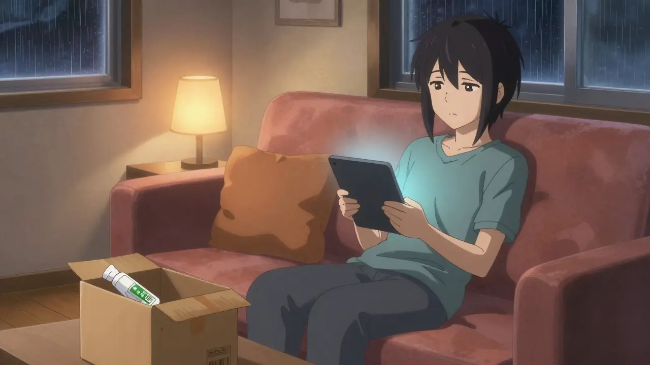 Anime scene of a relaxed person receiving a medication delivery package at home