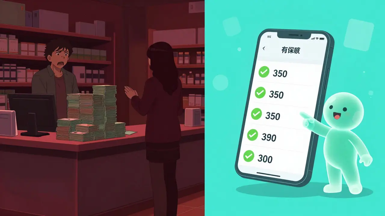 Anime split-screen comparing expensive retail vs cheap online meds