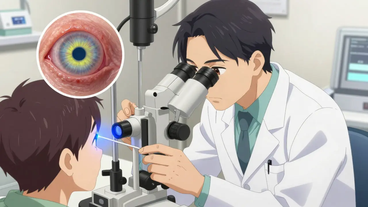Doctor examining a patient's eye with a slit lamp revealing a glowing ulcer