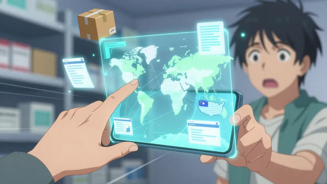 Glowing smartphone displaying global pharmacy connections and shipping options