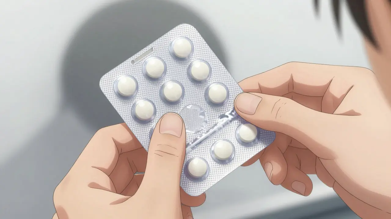 Hands inspecting pill blister pack under light