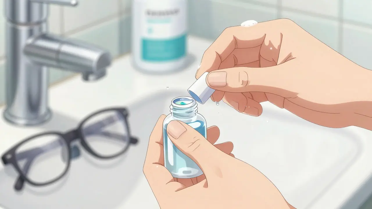 Hands washing contact lenses in a solution bottle in a bright bathroom