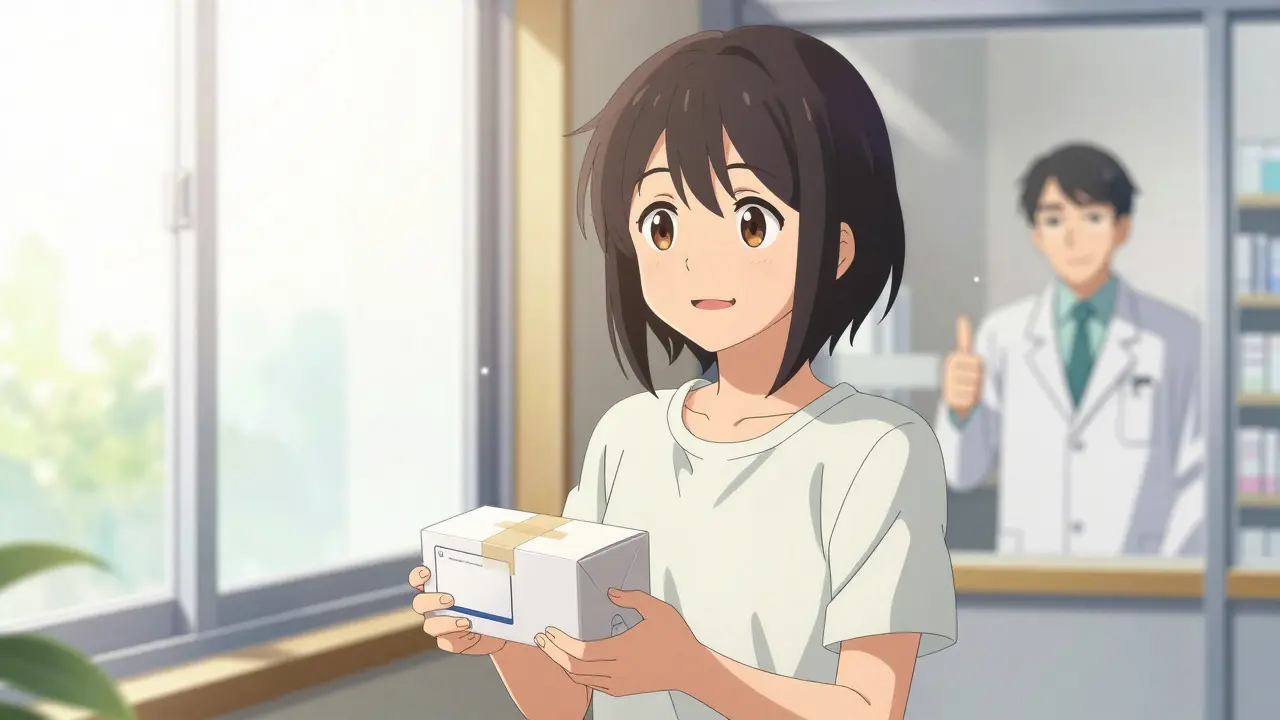 Hopeful patient receiving a tracked package of medication by a sunny window