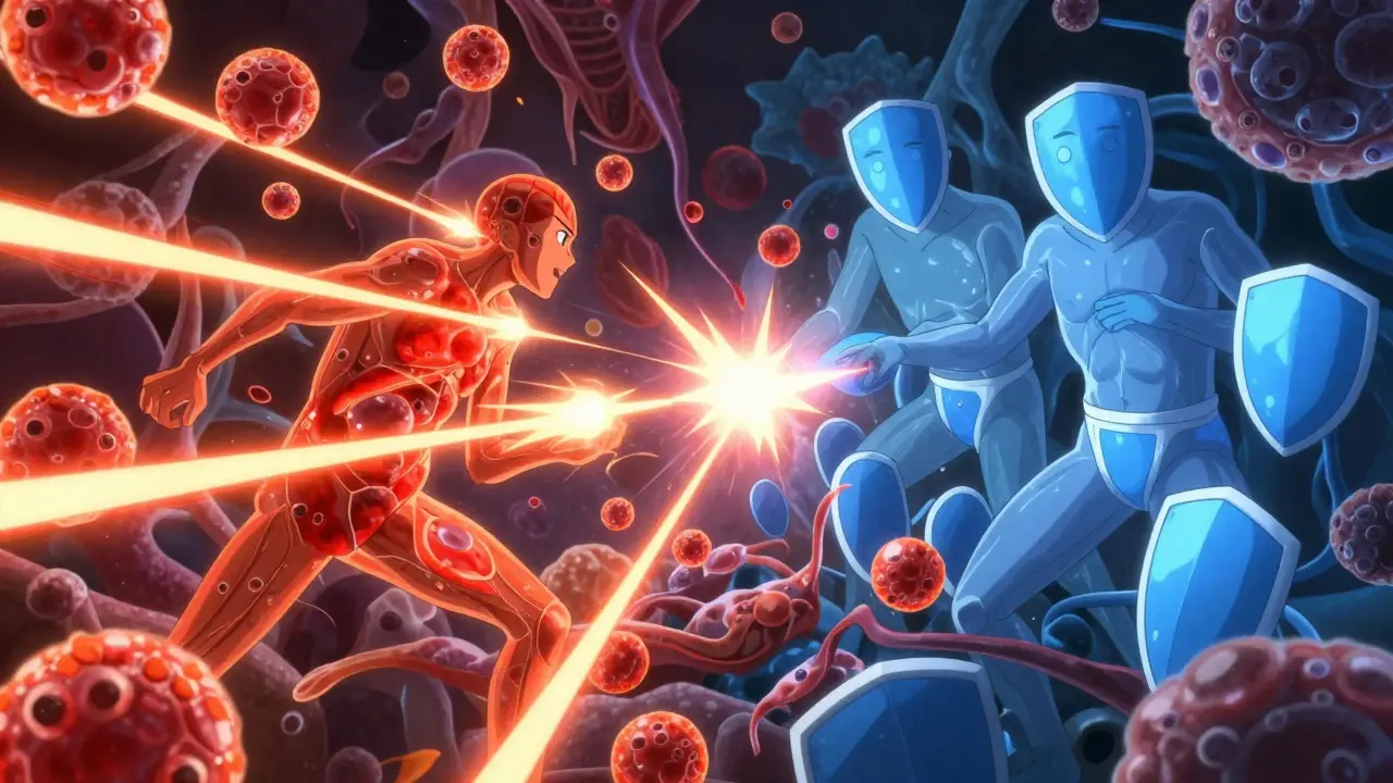Microscopic view of immune cells clashing with suppressants