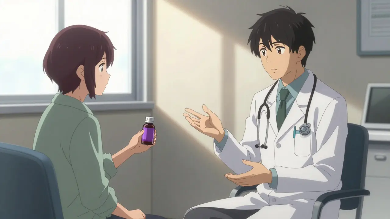 Patient discussing elderberry risks with a doctor in an office