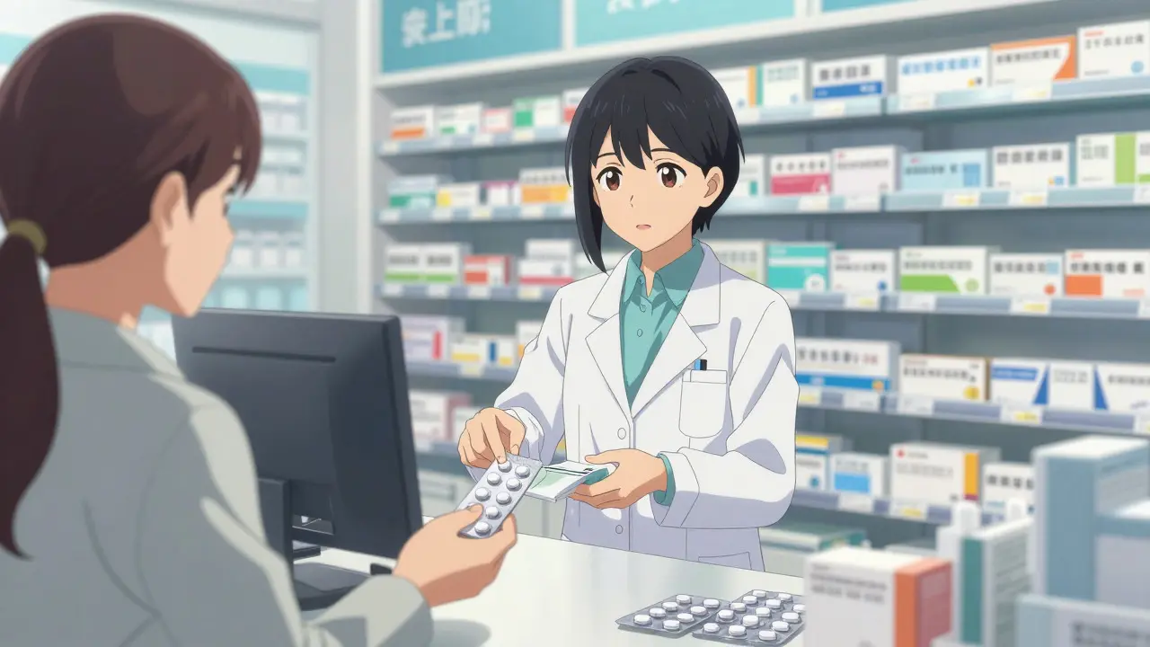 Pharmacist handing a prescription bag to a customer in a store