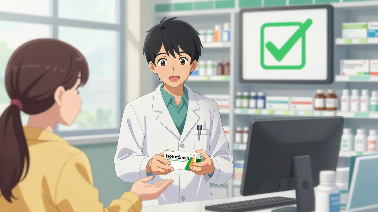 Pharmacist handing generic isotretinoin to customer